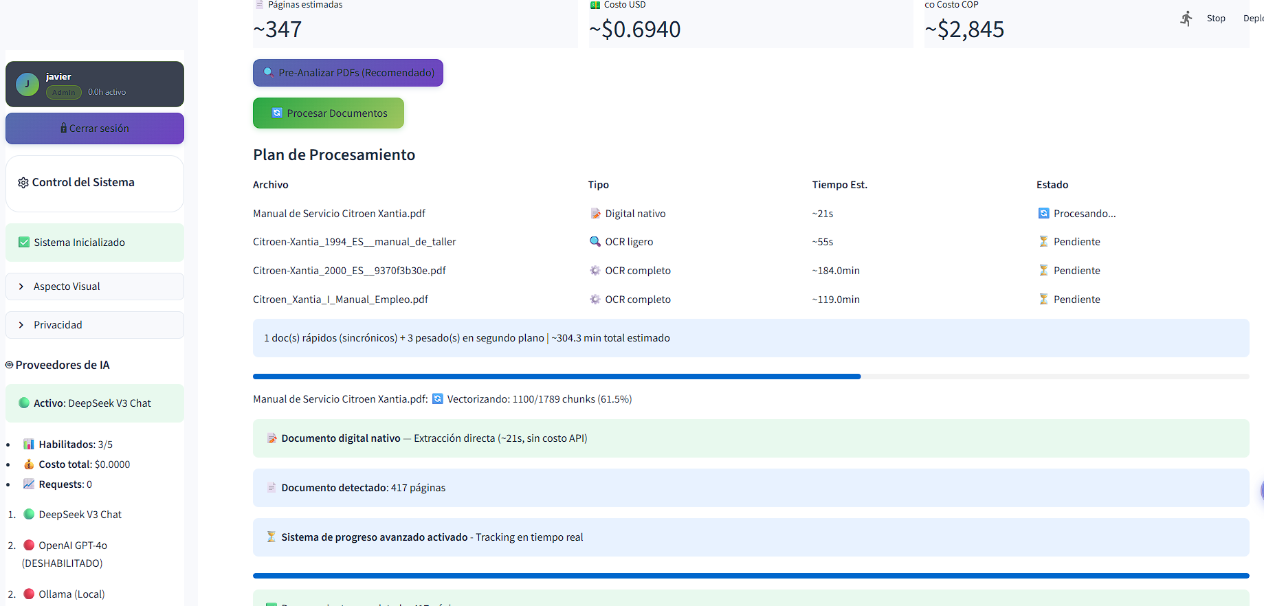 Informe de avance del procesamiento con detalles de páginas y chunks generados